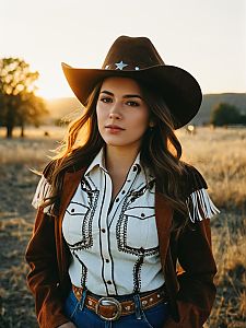 Photorealistic Outdoor Portrait of Woman in Cowgirl Costume at Golden Hour