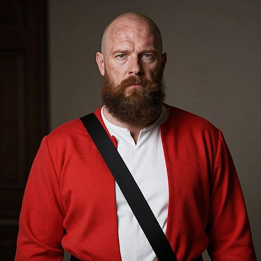 Portrait of Bearded Man in Traditional Red Garment with Shoulder Strap
