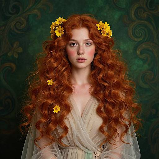 Portrait of Woman with Red Curly Hair and Yellow Flowers in Flowing Dress