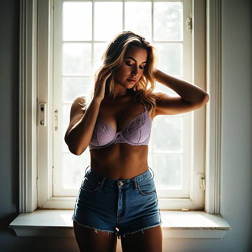 Young Woman in Lavender Lace Bra and Denim Shorts by Window