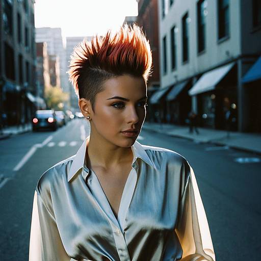 Fashionable Woman with Vibrant Mohawk Hairstyle on Urban Street