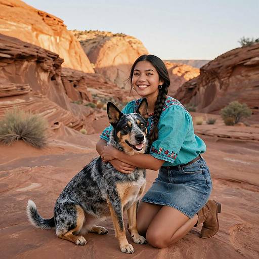 Young Woman with Australian Cattle Dog in Desert Canyon