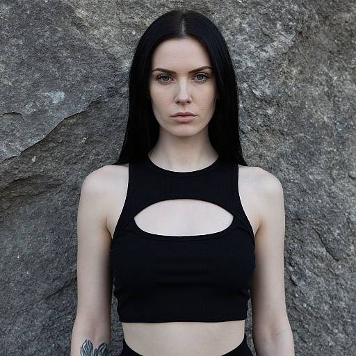 Confident Woman in Black Crop Top Against Rock Wall
