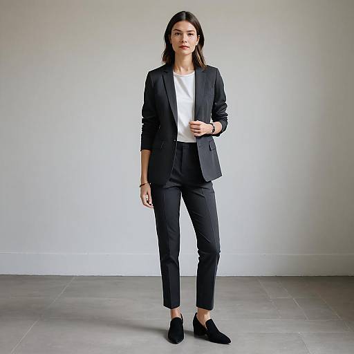 Confident Woman in Modern Black Pantsuit in Minimalist Studio
