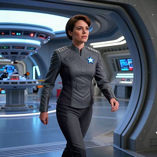 Woman in Futuristic Sci-Fi Uniform Walking in Spaceship Corridor