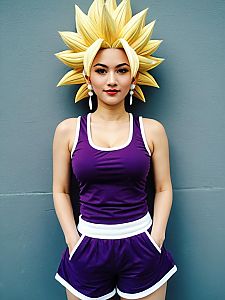Sexy Cosplay Woman in Caulifla Costume Wearing Purple Athletic Outfit