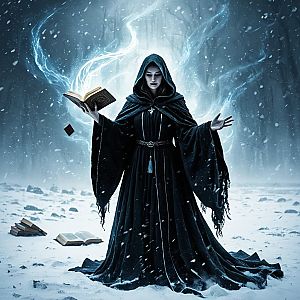 Woman in Black Cloak Casting Spell in Snowy Forest