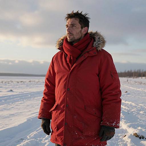 Man in Red Winter Coat in Snowy Landscape