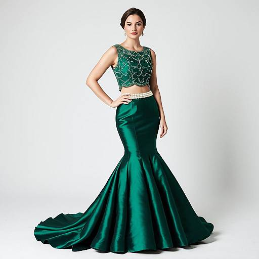Elegant Emerald Green Two-Piece Evening Gown with Beaded Crop Top and Mermaid Skirt