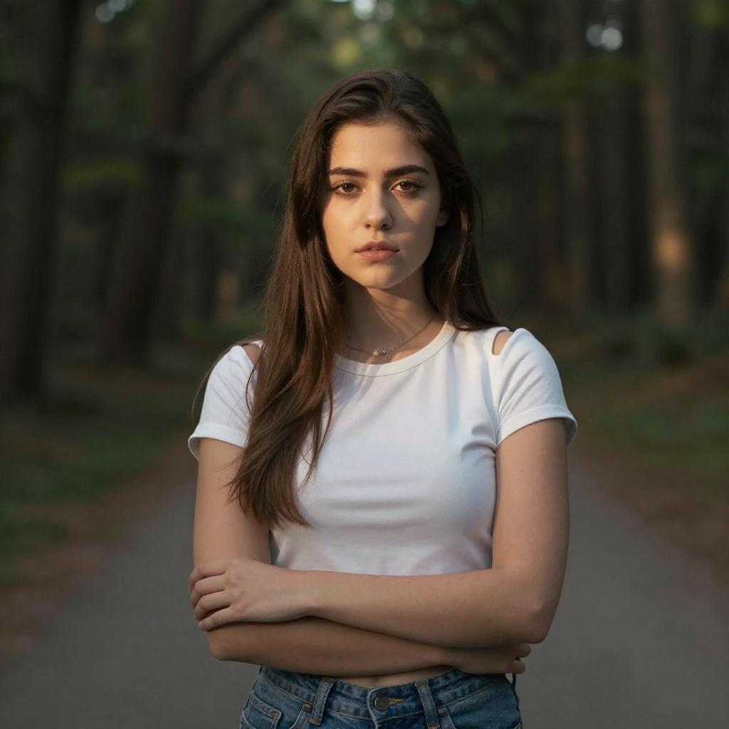 Confident Young Woman Standing in Forest Pathway Wearing White T-Shirt