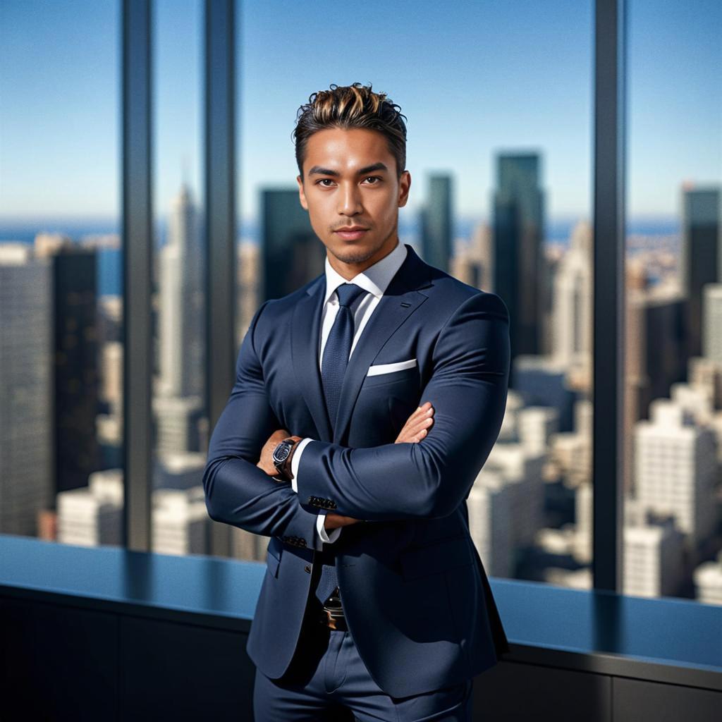 Confident Man in Navy Suit Against Urban Skyline