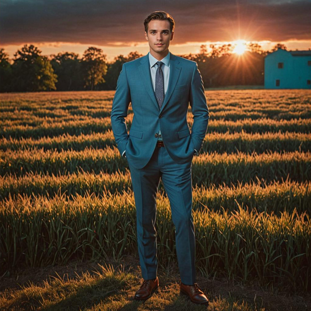 Man in Blue Suit at Sunset in a Crop Field