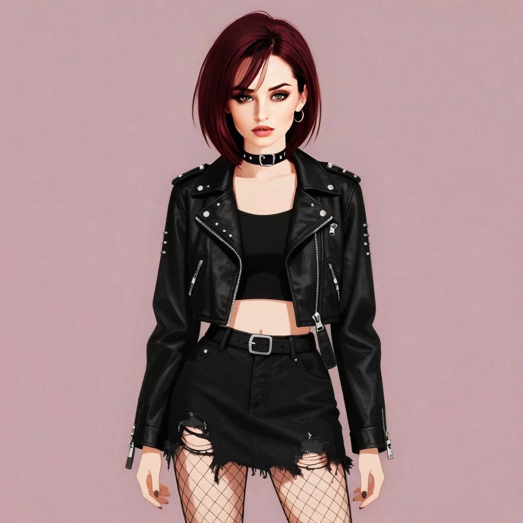 Young Woman in Black Leather Jacket and Ripped Skirt with Fishnet Stockings