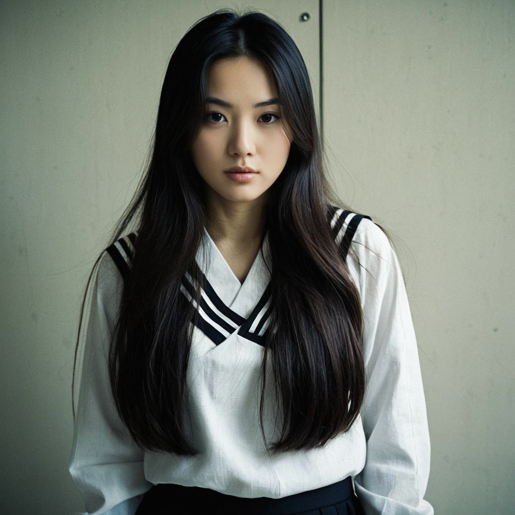 Young Woman with Black Hair in Sailor-Style Top