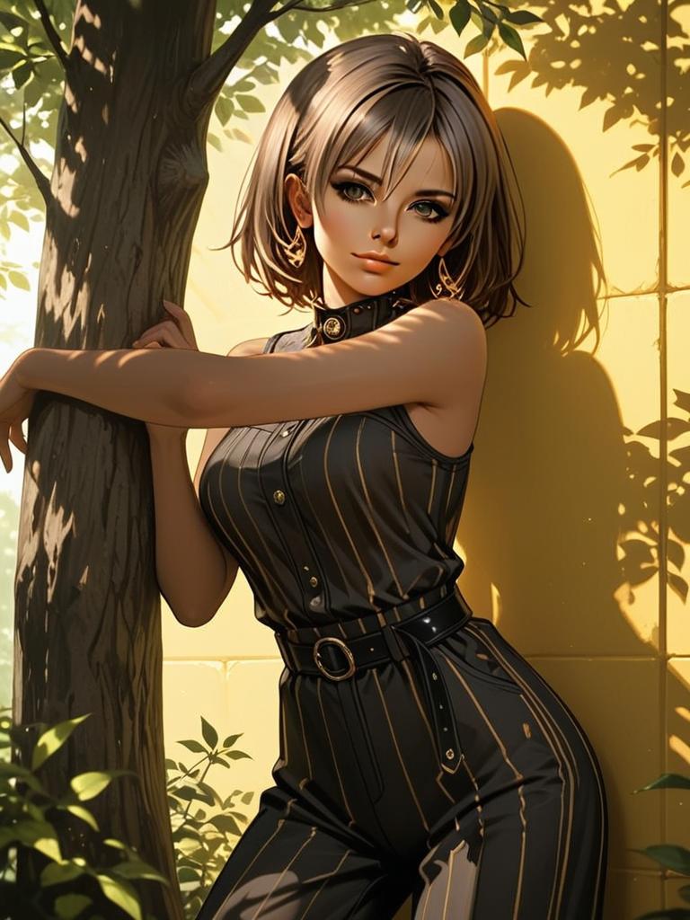 Digital Illustration of Stylish Woman in Black Striped Jumpsuit by Tree