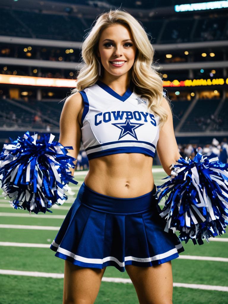 Confident Cheerleader in Blue and White Costume on Football Field