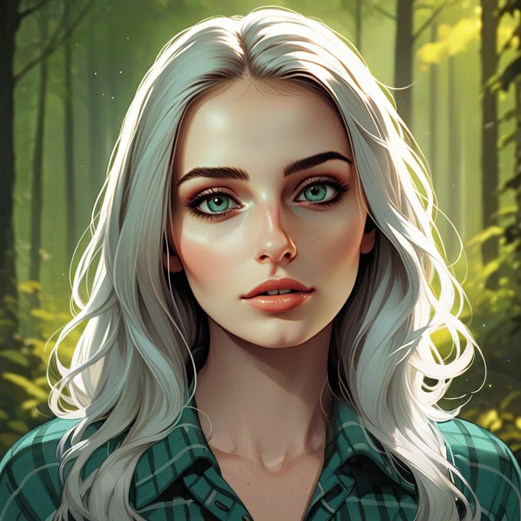 Close-up Portrait of a Young Woman with Silver Hair in a Forest