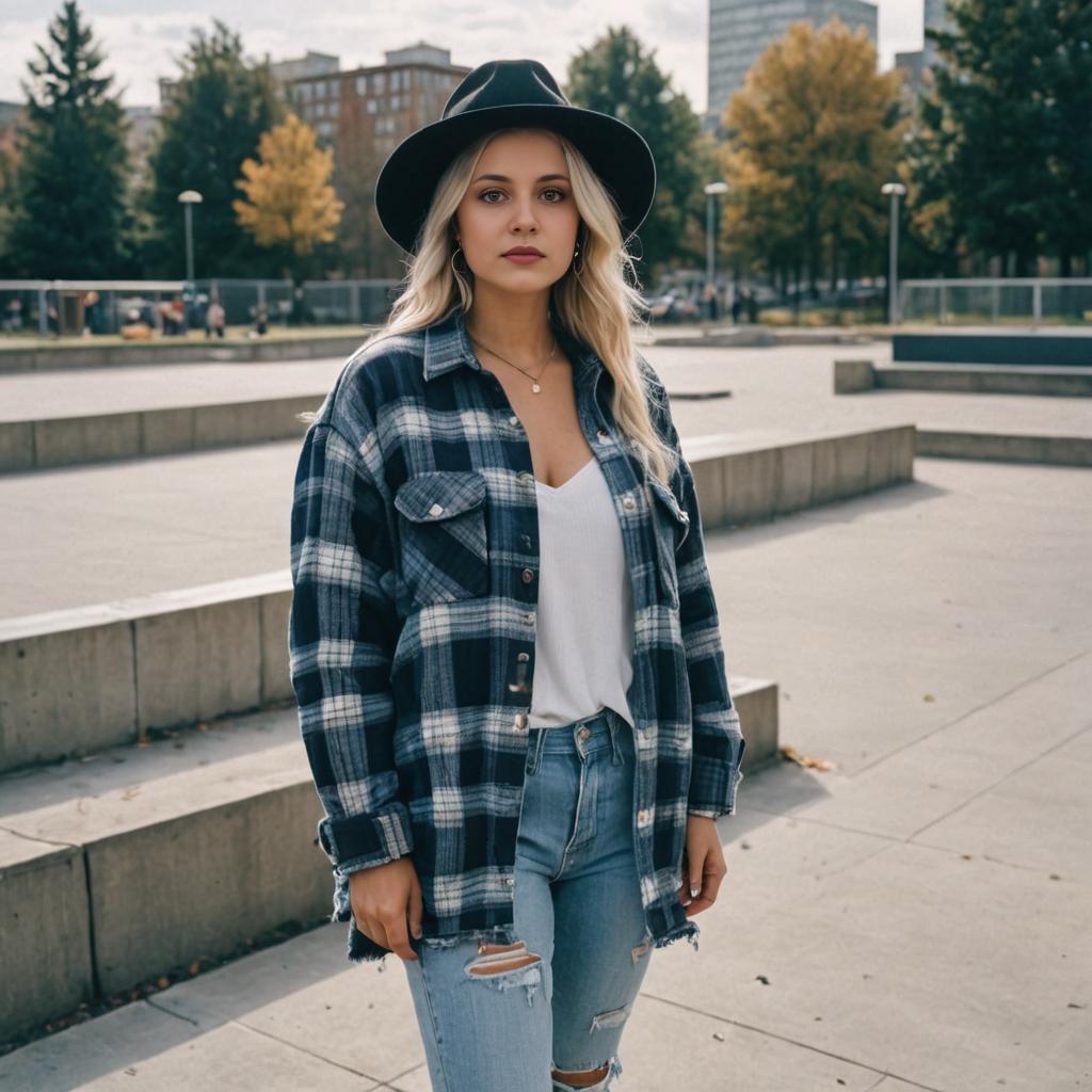 Fashionable Woman in Casual Chic Style with Urban Backdrop