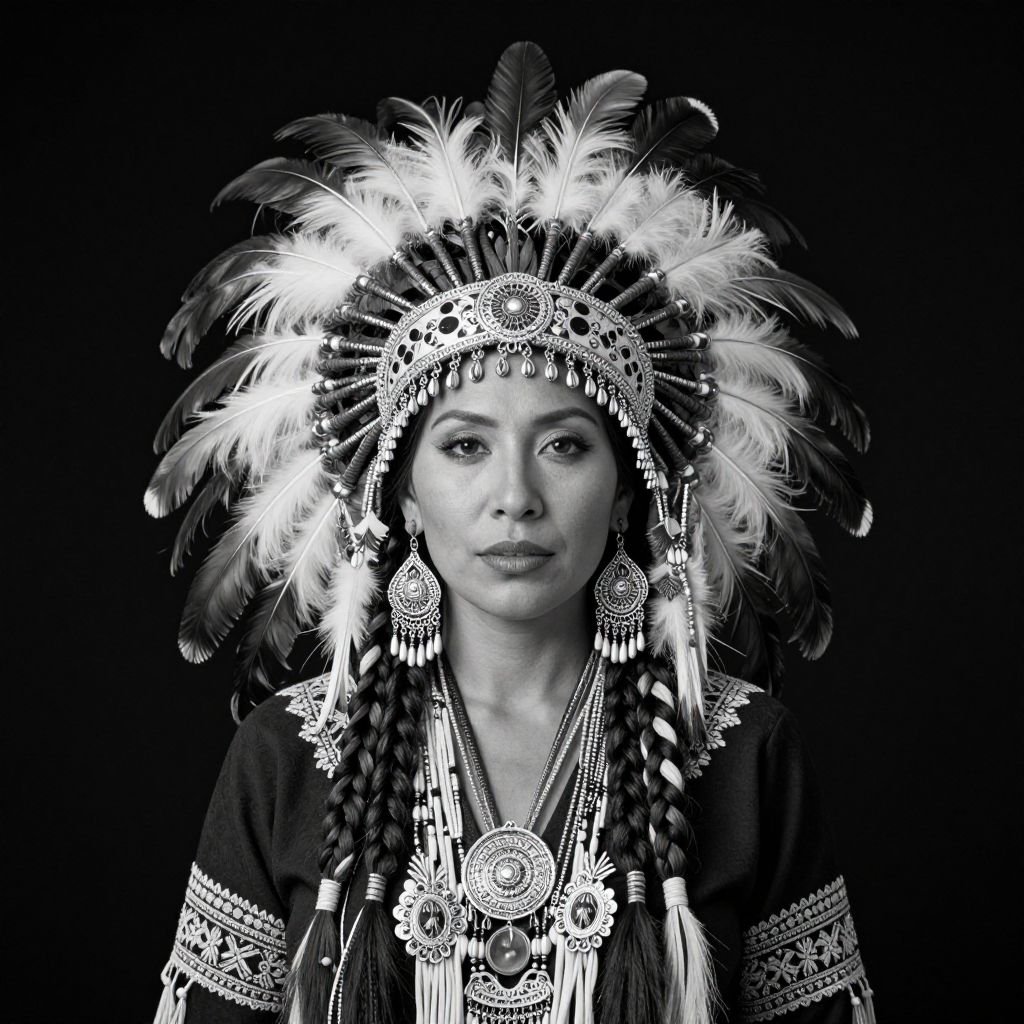 Traditional Feathered Headdress and Jewelry Portrait of Woman