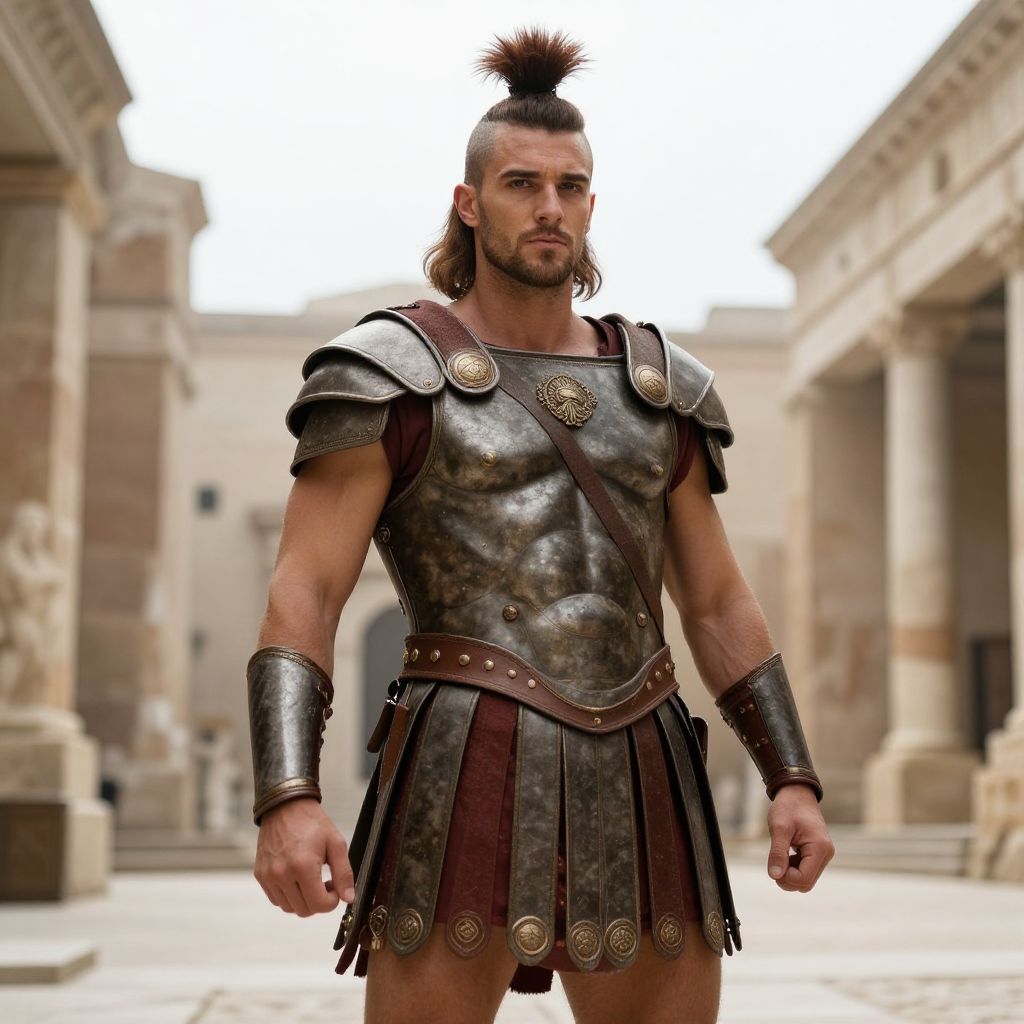Ancient Roman Soldier Man in Classical Armor Standing Outdoors