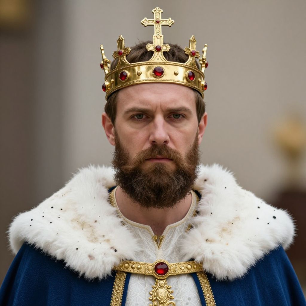 Medieval King Portrait in Royal Costume with Golden Crown