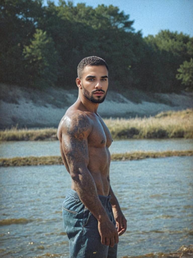 Muscular Man with Tattoos by Water