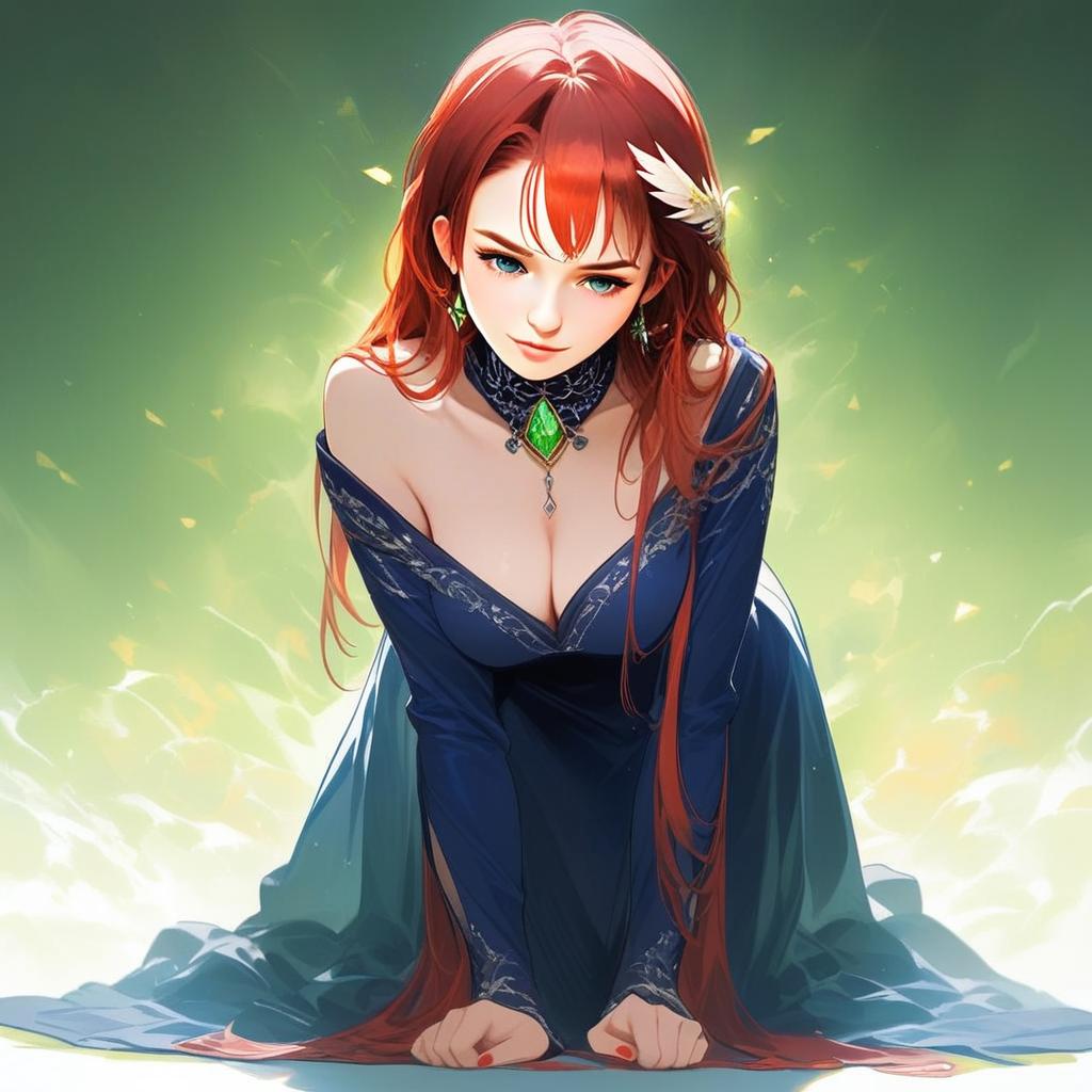 Red-haired Woman in Dark Blue Dress Against Green Background