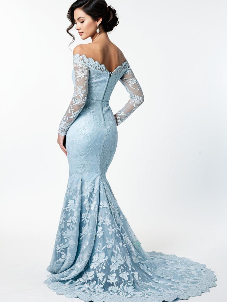 Elegant Woman Wearing Pale Blue Off-the-Shoulder Lace Gown with Floral Embroidery