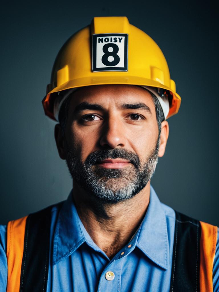 Close-Up Headshot of Man in Bob Builder Costume with Yellow Hard Hat