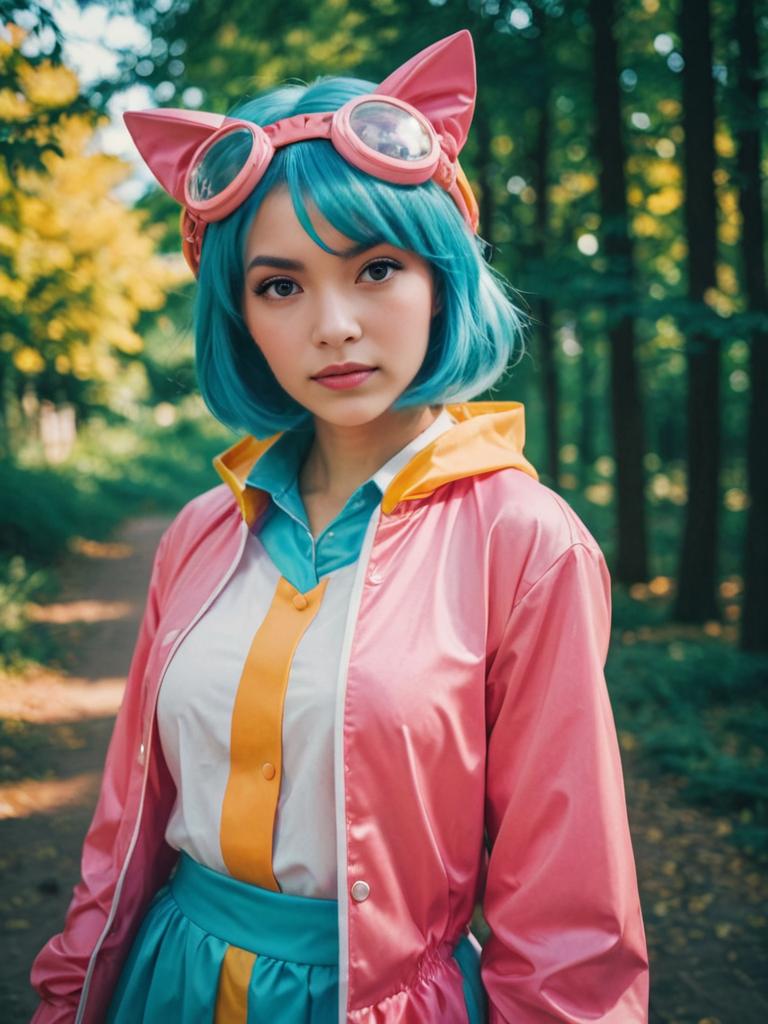 Woman in Colorful Anime Cosplay in Nature