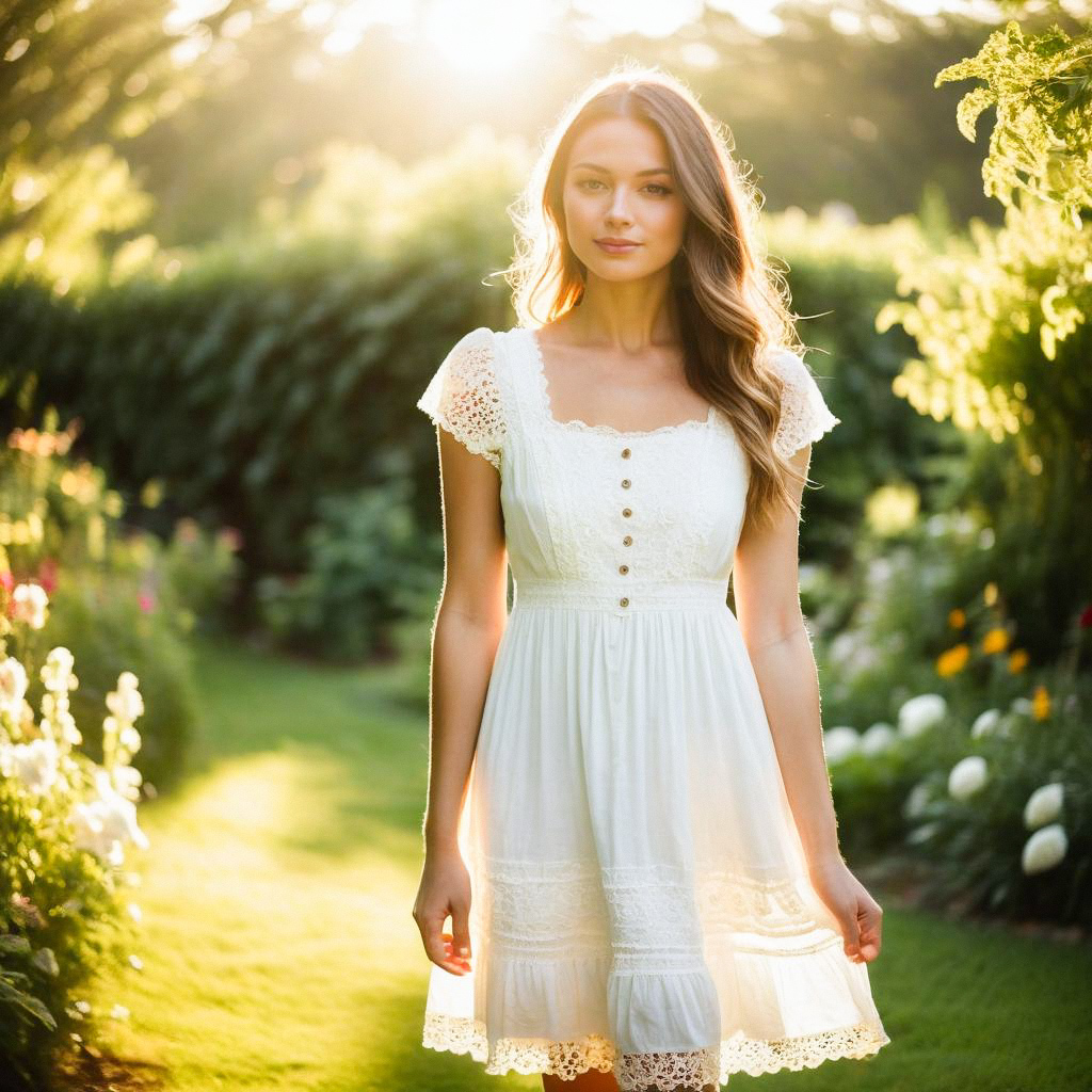 Young Woman in Lace Dress in Sunlit Garden