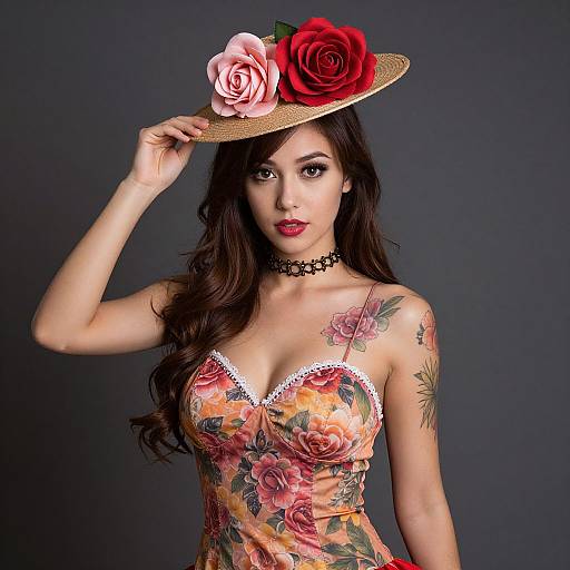 Woman in Floral Dress with Rose Hat and Tattoos