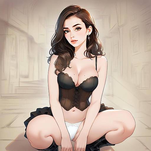 Anime Style Illustration of Woman in Black Corset and White Underwear