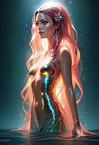 Digital Art of Woman in Metallic Armor with Pink Hair Emerging from Water
