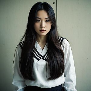 Young Woman with Black Hair in Sailor-Style Top