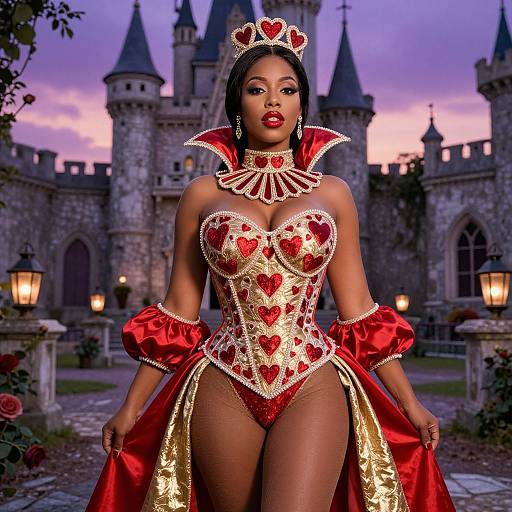 Queen of Hearts Costume Woman Posing in Front of Castle