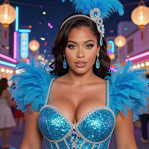 Glamorous Woman in Blue Feathered Carnival Costume