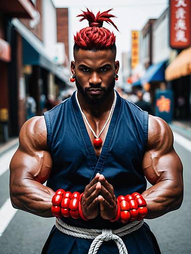 Realistic Akuma Cosplay Street Fighter Martial Artist with Red Hair and Beads