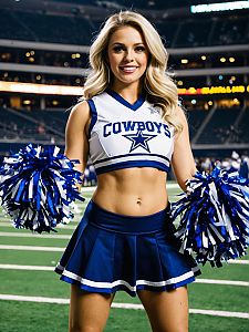 Confident Cheerleader in Blue and White Costume on Football Field