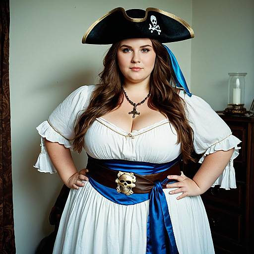 Plus Size Woman in Classic Pirate Costume with White Dress and Skull Hat