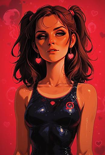 Digital Illustration of Confident Woman in Glossy Black Tank Top with Heart Earrings