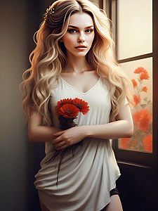 Woman with Blonde Hair and Red Flowers
