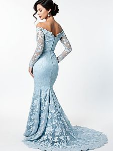 Elegant Woman Wearing Pale Blue Off-the-Shoulder Lace Gown with Floral Embroidery
