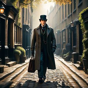 Victorian Man Walking on Cobblestone Street