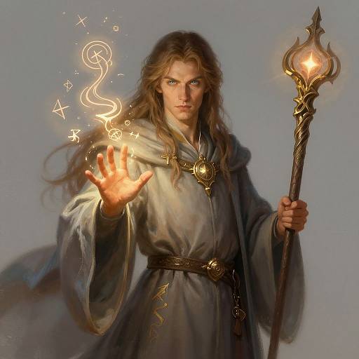 Fantasy Male Wizard Casting Magic with Illuminated Staff