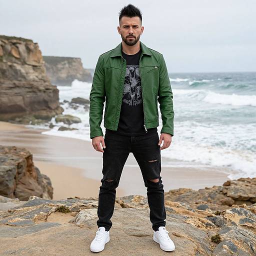 Man in Green Leather Jacket Standing on Rocky Beach by Ocean