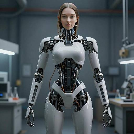 Futuristic Humanoid Robot with Woman's Face in High-Tech Laboratory