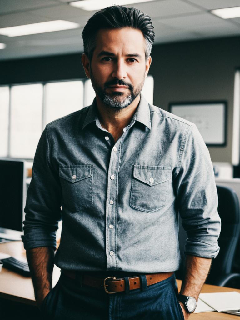 Man in Casual Office Outfit Waist Up Editorial Portrait Photorealist