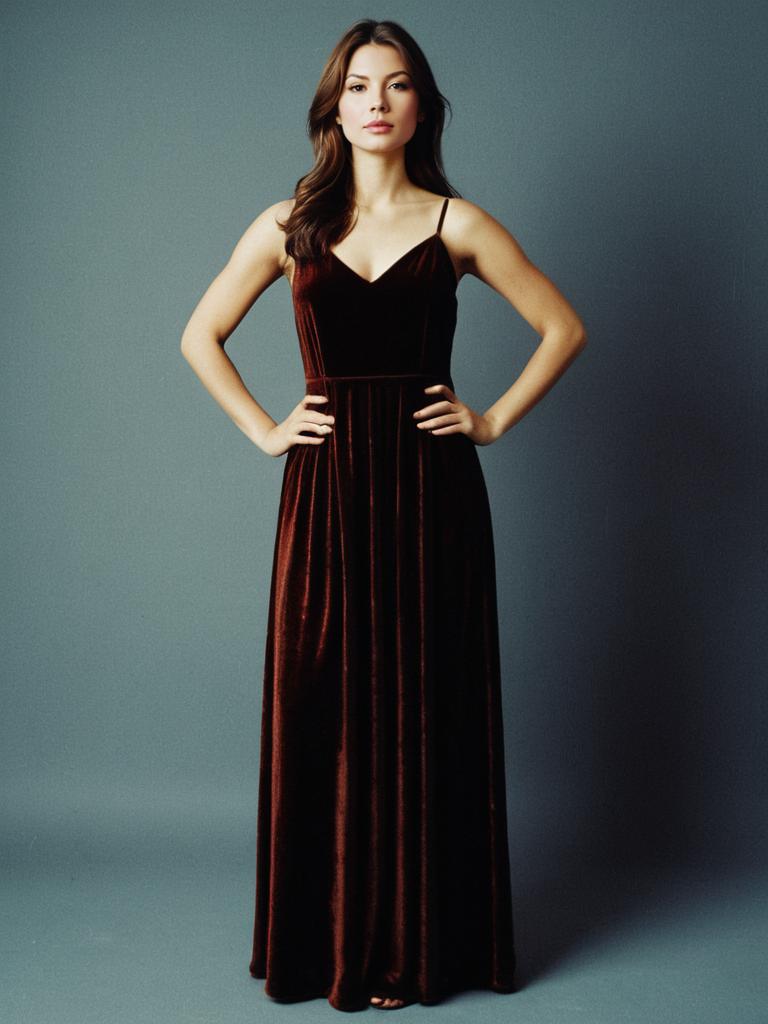 Elegant Brown Velvet Maxi Dress on Woman Full Body Portrait