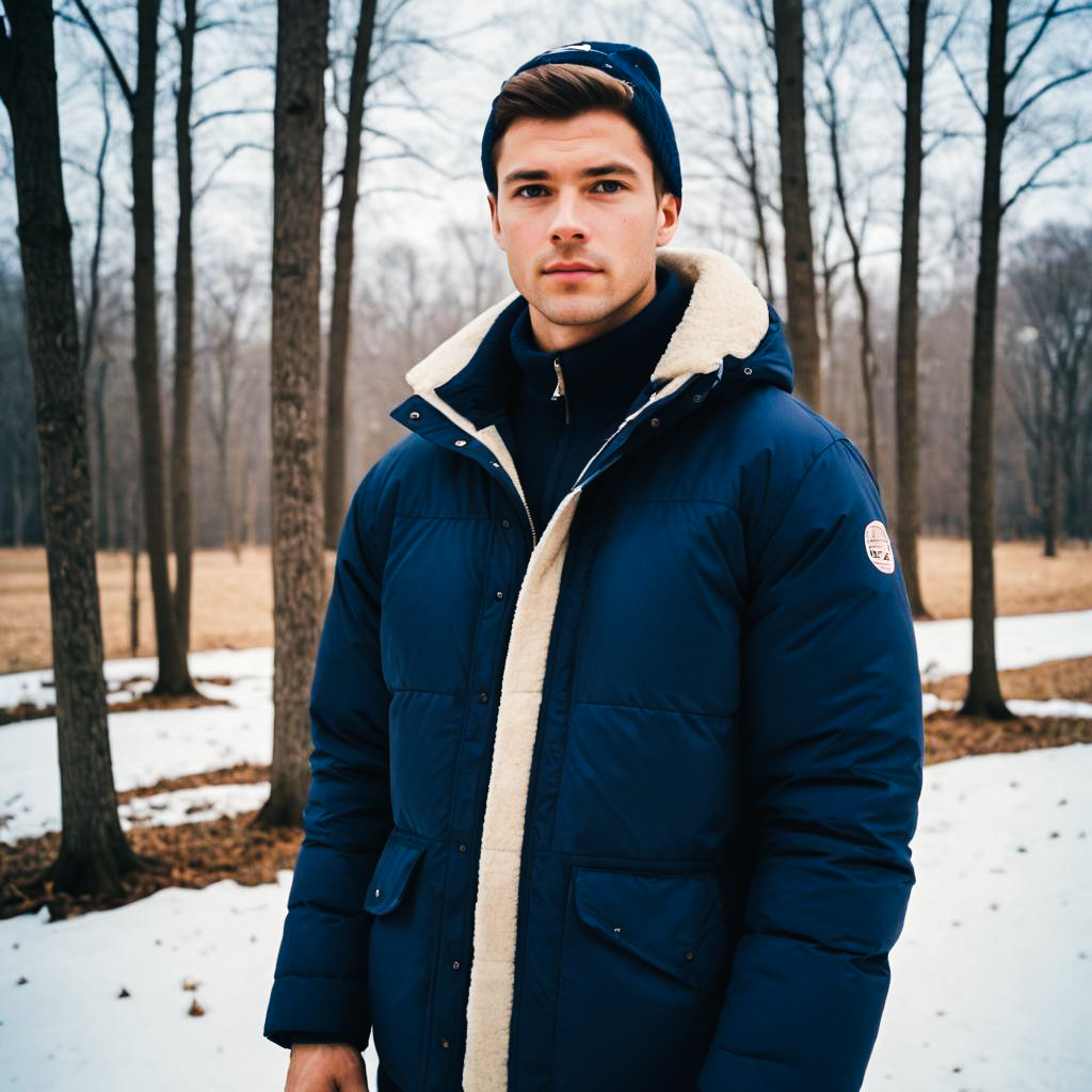 Young Man in Navy Puffer Jacket in Winter Landscape